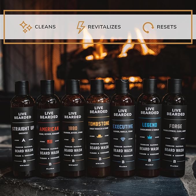 Live Bearded Beard Wash, 8 fl oz - Water-Based Face Cleanser with All-Natural Ingredients for a Gentle, Deep Clean - Made in the USA | 1880 Scent - Bourbon, Bitters, Citrus