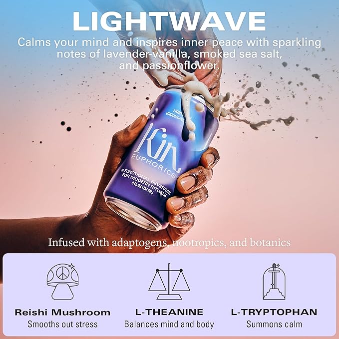 Kin Euphorics Lightwave Non-Alcoholic Functional Beverage | Calm the Mind & Mellow the Mood | Adaptogens, Nootropics, Reishi Mushroom & L-Theanine | 8 Fl Oz (8pk)