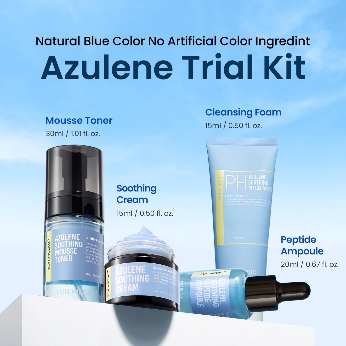 SURMEDIC AZULENE Soothing Trial Kit, Korean Skincare, Airplane-Friendly Travel Size Mini Set, Facitl Kit Gift for Women with Moisturizer, Cleanser, Toner, Ampoule, Cream