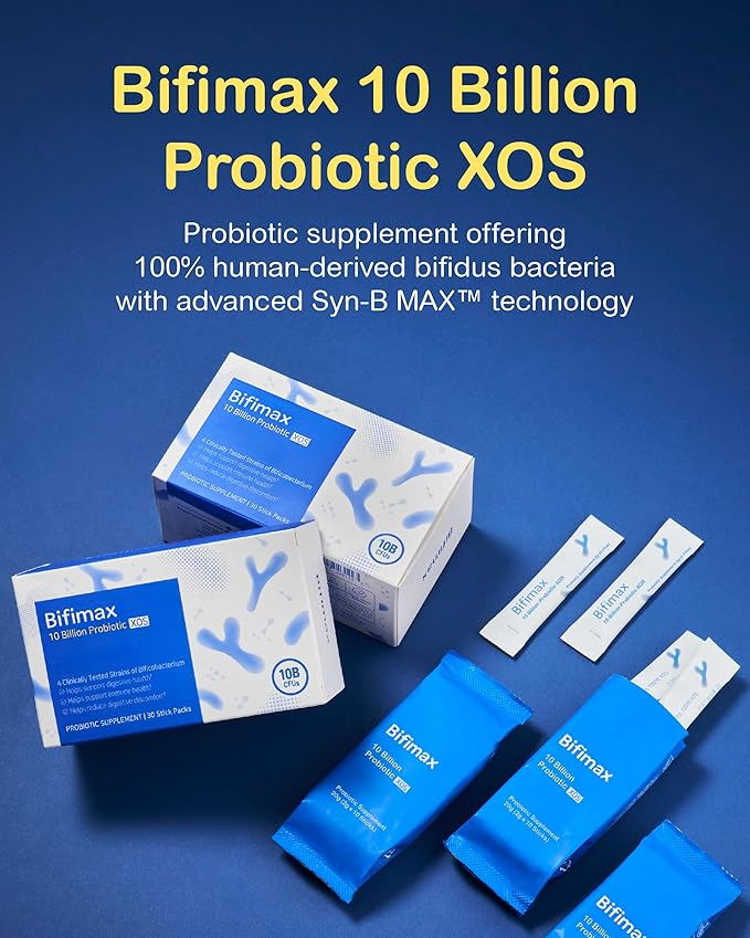 Bifimax 10 Billion Probiotic XOS - Premium Synbiotic Supplement with Human-Derived Bifidus Bacteria & XOS, Advanced Syn-B MAX Technology for Gut Health (2.1 oz, 30 Sticks)