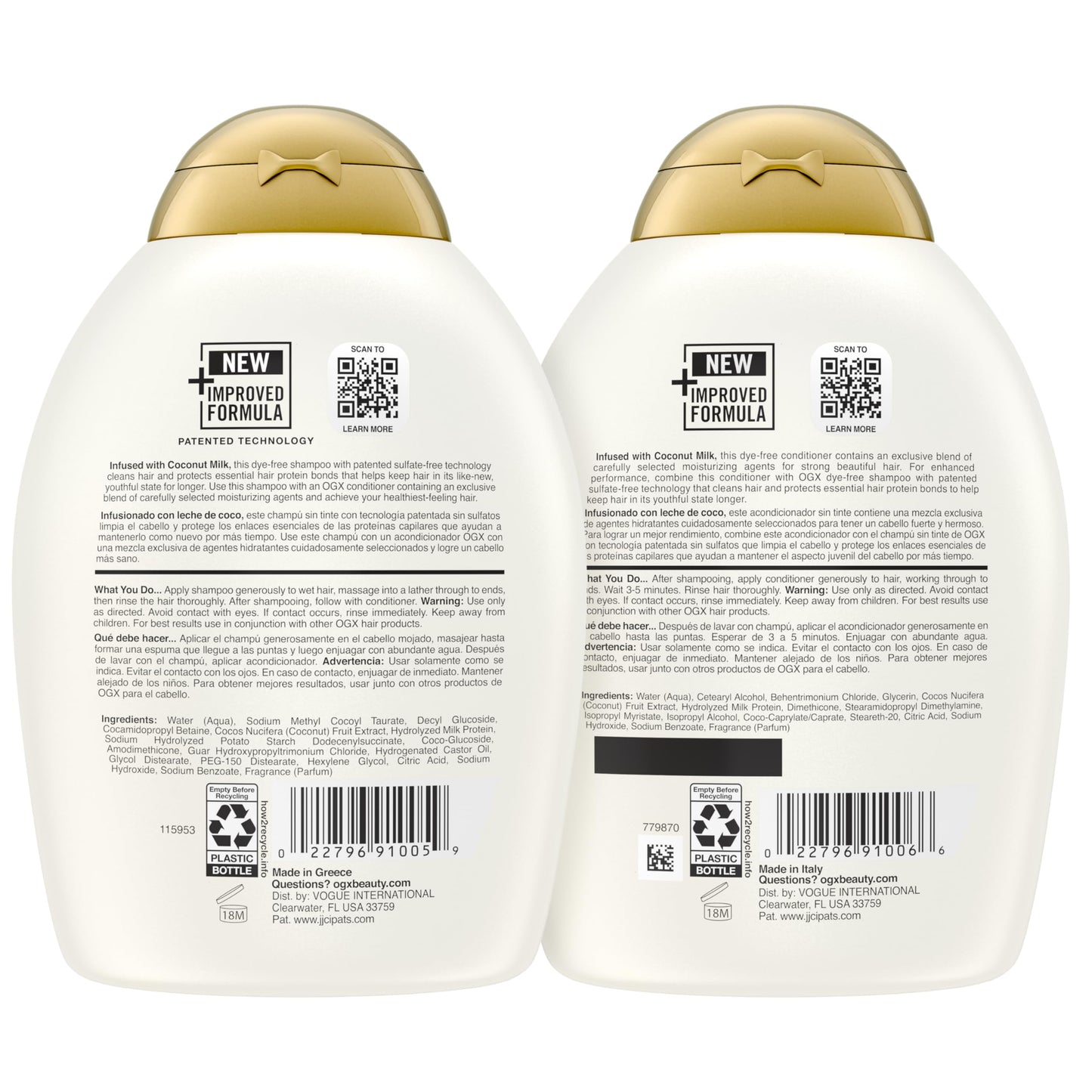 OGX Nourishing + Coconut Milk Sulfate Free Shampoo and Conditioner Set, Hydrates & Softens Hair, Lipi Pro Shield Technology, Creamy Coconut Milk White Peach & Shea Butter Scent, 2 Items, 2 x 13 fl oz