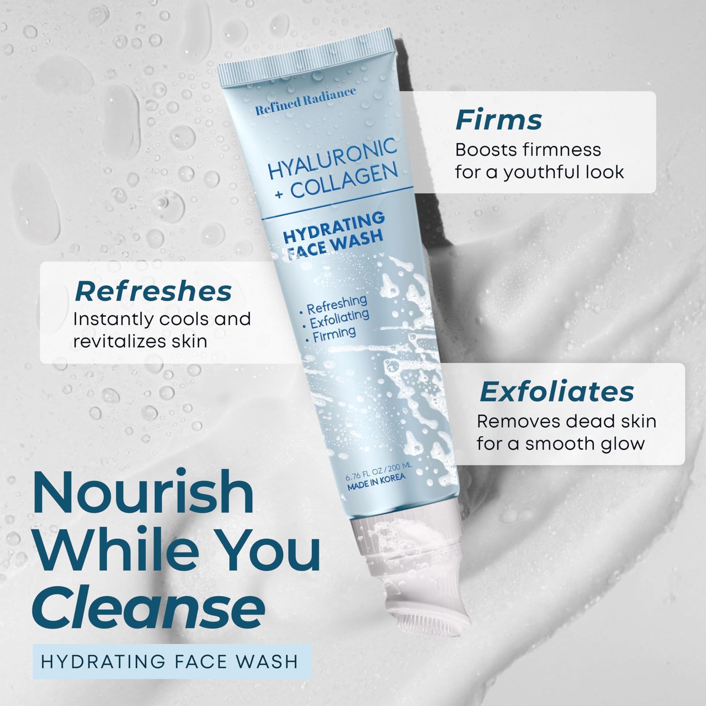 Refined Radiance Hyaluronic Acid & Collagen Face Wash – Dermatologist Tested, Anti-Aging, Korean Skin Care, Hydrates Firms Soothes – Clean, Vegan, Gentle Facial Cleanser for Dry Sensitive Skin, 200 ML