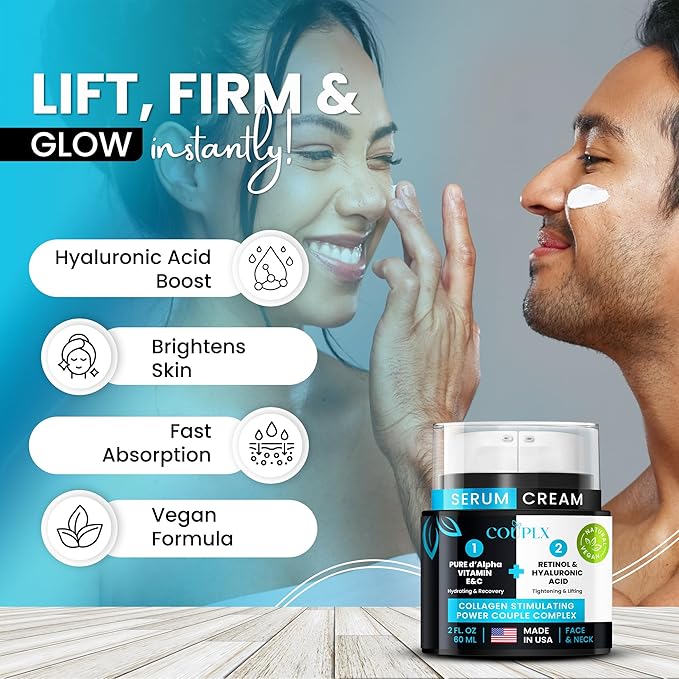 2-in-1 Collagen Booster, Retinol & Hyaluronic Acid Cream & Serum, Anti-Aging, Lifting Skin-Tightening Moisturizer for Men & Women, Neck and Décolleté, Made in USA Daily Moisturizer Face Cream, 2.0 oz