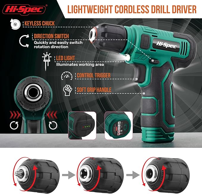 Hi-Spec 110pc Green 8V USB Electric Power Cordless Drill Driver Set. Drill Bits, Sockets and Screwdriver Bit Set Accessories In a Portable Toolbox Case