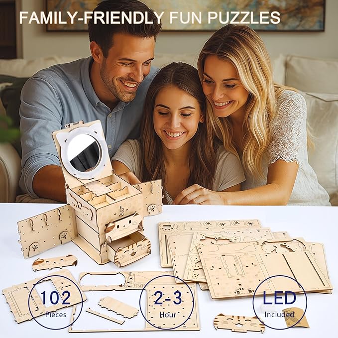 3D Wooden Puzzle Cat Treasure Box, Wood Creative Assembly Model Building Kits to Build for Adults and Teens, DIY Cat Jewelry Box with Mirror Hobbies Projects Gift for Women