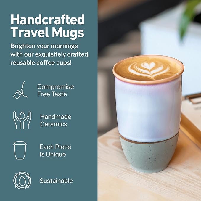 NOVA CERAMICS Travel Mug – Portable Coffee Tumbler – Unique to Go Mug – Microwave & Dishwasher Safe Purple Coffee Tumbler - Gifts for Women Men Him Her – 12oz – Horizon