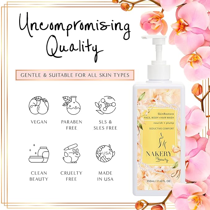 Nakery SkinRestore Hydrating Face & Body Wash with Hyaluronic Acid - Body Wash for Sensitive Skin - Foaming Face Wash & Oil Cleanser for Women 350ml - Sulfate Free & Cruelty Free - Seductive Comfort