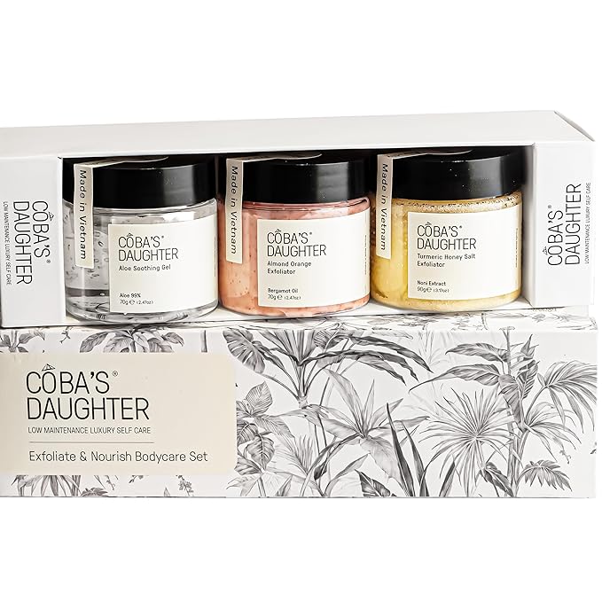 COBA'S DAUGHTER Women Gift Set – 3-Piece Body Care Spa Kit with Honey Turmeric Scrub, Almond Orange Scrub & Aloe Vera Gel – Self-Care Gift Box, Spa Gift Basket, Travel Size Beauty Set