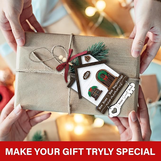 House Warming Gifts New Home Ornament 2025 - Wooden First Christmas in New House Keepsake Gift for Couple, Women, or Families - 3D Wood House & Key Design, Gift Box Included