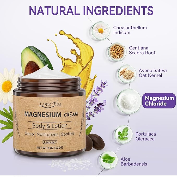 Magnesium Cream for Sleep, Topical Nighttime Magnesium Lotion for Leg, Cramps & Pain, Muscle Soothing, Magnesium Body Butter with Jojoba Oil, Shea Butter & Vitamin E, Safe for Kids (Lavender)