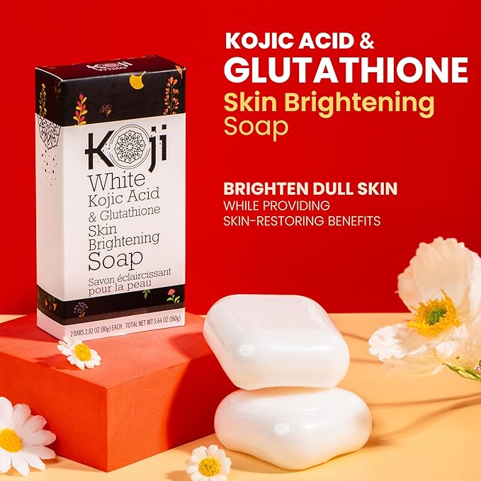 Koji White Kojic Acid & Glutathione Skin Brightening Soap for Body & Face Exfoliating, Hydrating and Cleansing Bar for Reduce the Appearance of Fine Lines and Wrinkles, Vegan, 2.82 oz (2 Bars)