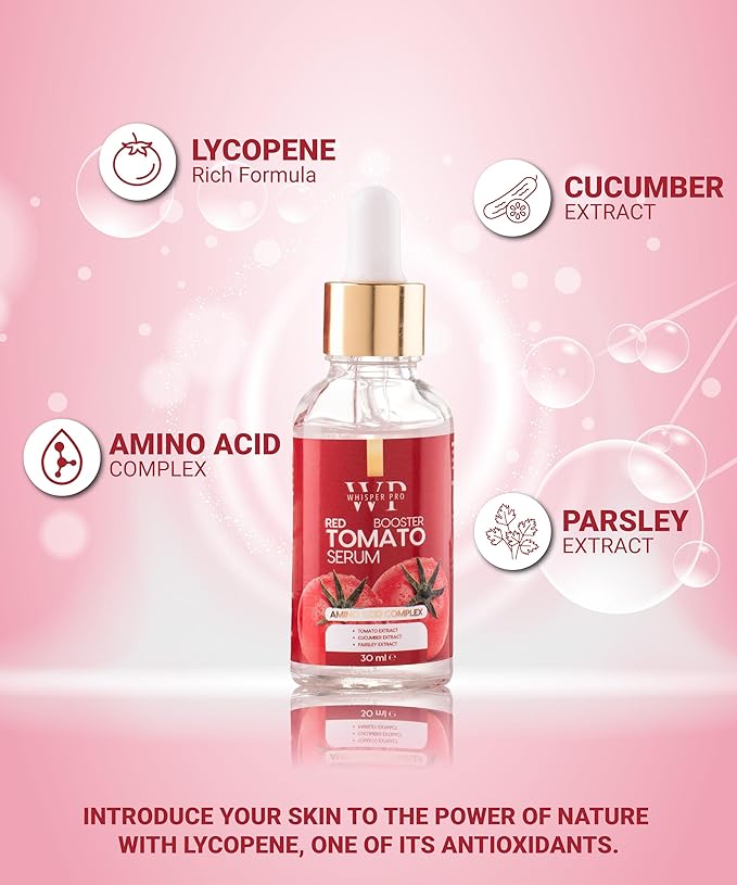 Whisper Pro Red Tomato Face Moisturizing Serum 100% Vegan 1 fl oz. - Anti Aging and Hydrating Formula - Evening Skin Tone - Strengthening Skin Barrier - Lycopene Face Skin Treatment Serum