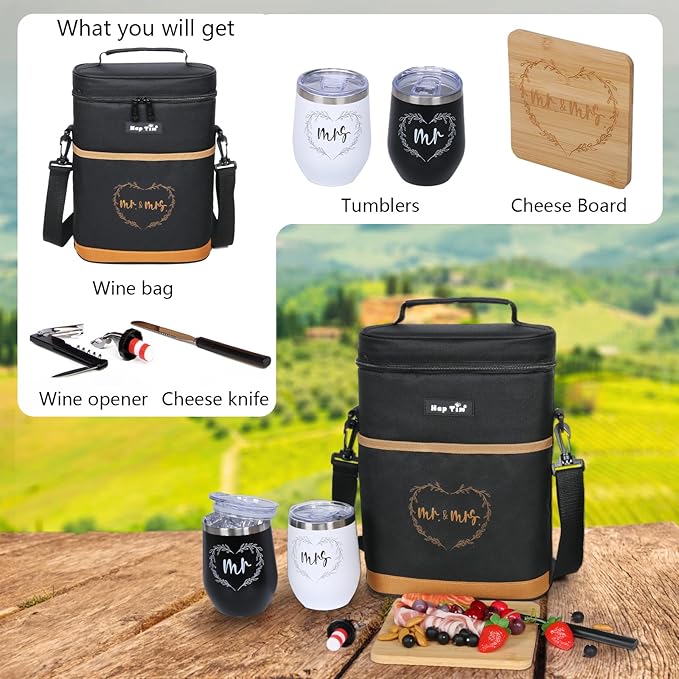 Hap Tim Wedding Gifts for Couples, Bridal Shower Gifts, Engagement Gifts for Newlyweds, Mr and Mrs gifts - Wine Cooler Bag Insulated Wine Carrier Tote with Tumblers, Bamboo Cheese Borad