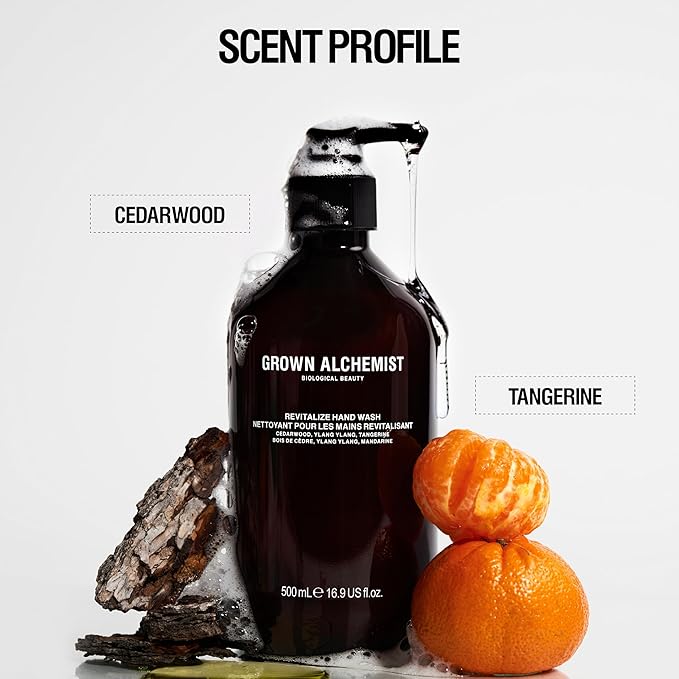 Grown Alchemist Revitalize Hand Wash Bundle:Cedarwood, Ylang Ylan, Tangerine. Gentle Hand Soap Hydrates & Cleanses. (Pump 500mL + Refill 1L).