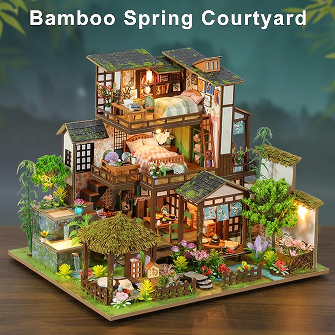 ISSEVE DIY Miniature House Kit, Tiny House Dollhouse Kit for Adults, Mini House Building Kits, Halloween Christmas Home Bookshelf Decoration, Gifts for Family and Friends (Bamboo Spring Courtyard)