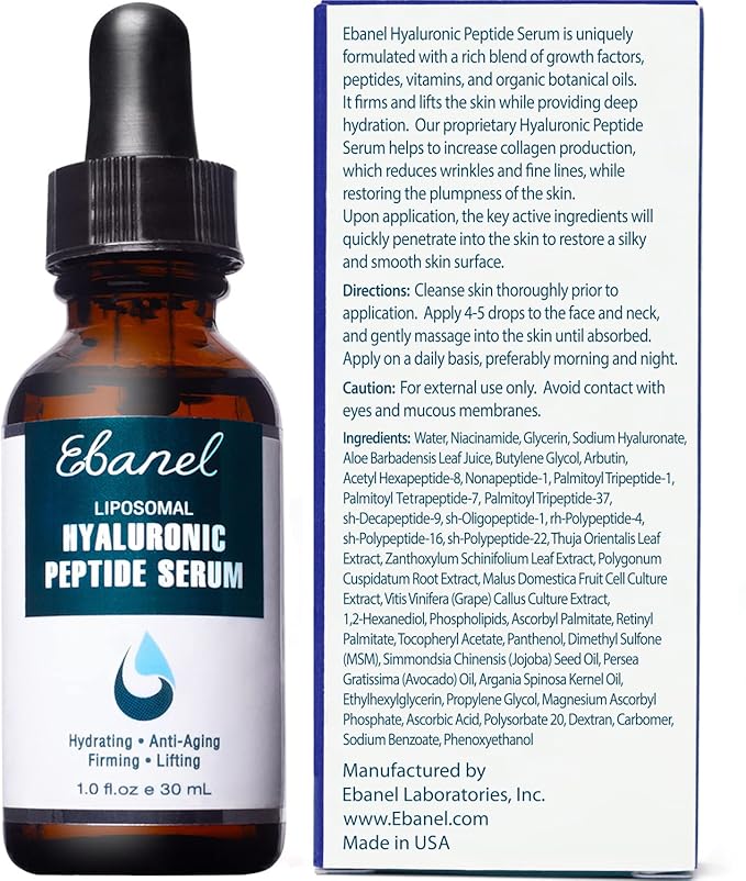 Ebanel Hyaluronic Acid Serum for Face with Peptides & Niacinamide, Hydrating Face Serum for Women, Age-Defying Formula Infused with Vitamins B, C & E to Plump, Firm & Smooth Skin