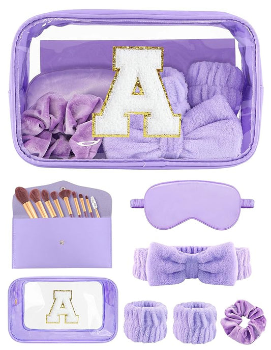 Gift Sets for Women, Initial Makeup Bag with Makeup Brush Set Bachelorette Party Favors, Purple Spa Kit with Skincare Headbands Wrist Bands Sleepover Party Supplies Gifts for Teen Girls Bridesmaid A