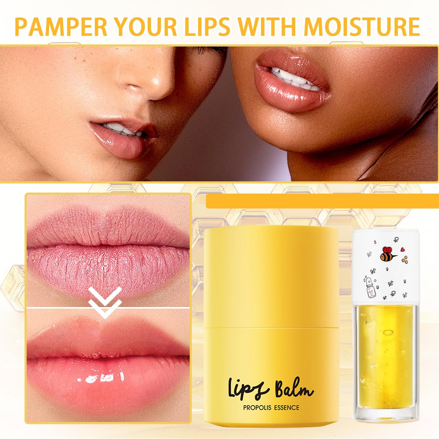 2PCS Honey Lip Balm and Lip Oil Set, Hydrating Overnight Propolis Lip Care Sleeping Mask, Moisturizing Lip Glow Oil Long-lasting Plumping Bee Lip Balm Gloss Stain Gifts Set for Women