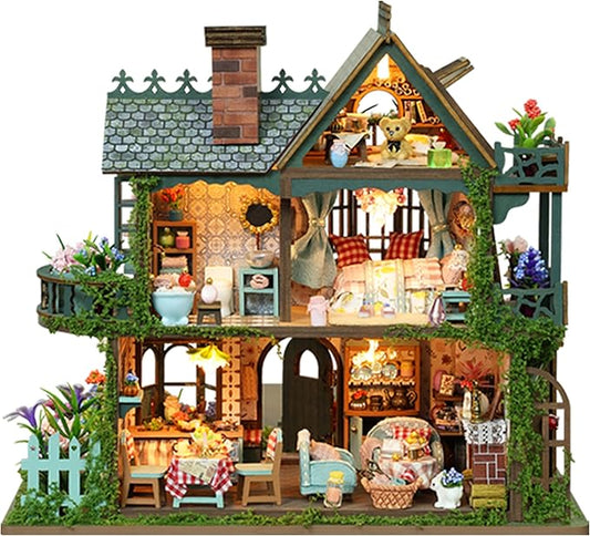 ISSEVE DIY Miniature House Kit, Tiny House Dollhouse Kit for Adults, Mini House Building Kits, Halloween Christmas Home Bookshelf Decoration, Gifts for Family and Friends (Fairy Garden House)