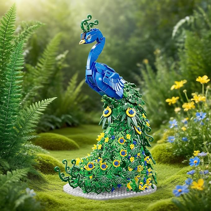 Flowers Peacock Building Block Set, Beautiful Fly Animal Art Bird Peacock on Botanical Green Vivid Feather DIY Flowers Building Kit, Home Office Decor Ideal Christmas Toy Gift for Teen, Adult(807PCS)