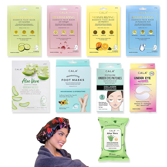Face Mask Gift Set -10 Items- Cala Collagen, Cucumber, Aloe Vera, Vitamin C, and Hyaluronic Acid Face Masks, Eye Patches, and Foot Masks. Includes Gift Bag and Custom Shower Cap.