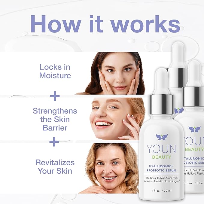 YOUN Beauty Hyaluronic + Probiotic Face Serum by Dr. Anthony Youn, 30 ML – For Intense Hydration, Radiance Boost, & Skin Renewal – Contains Plant-Based Hyaluronic Acid, Yogurt Extract, Vitamins C & E