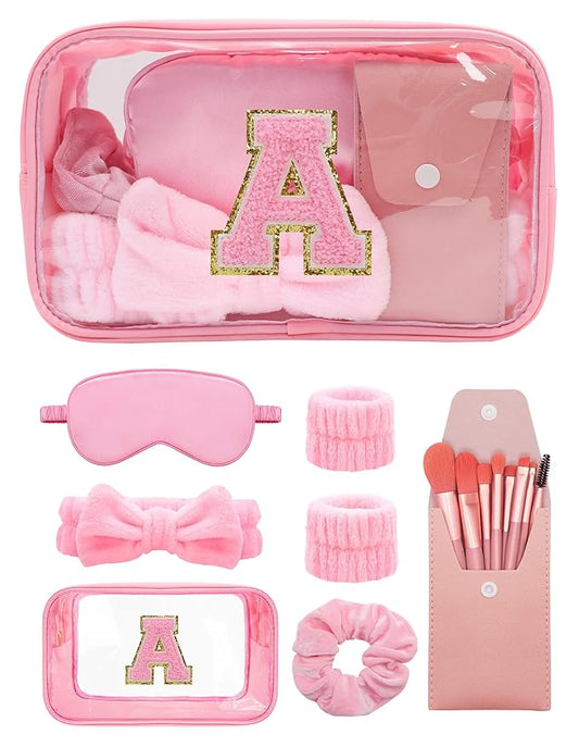 Gift Sets for Women, Initial Makeup Bag with Makeup Brush Set Bachelorette Party Favors, Pink Spa Kit with Skincare Headbands Wrist Bands Sleepover Party Supplies Gifts for Teen Girls Bridesmaid A