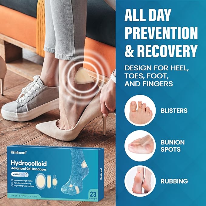 Hydrocolloid Gel Blister Bandages Pads - Kimihome 23ct Water Resistant Blisters Bandages - Adhesive Blister Pads for Heel, Foot, Toe - Gel Blister Chshions for Prevention & Recovery (Variety Pack)