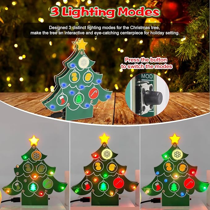 ICSTATION Christmas Tree Soldering Kit, Musical Christmas Tree Soldering Project With 3 Light Modes Colorful Christmas Elements Xmas Tree DIY Electronic Kit for Learning Education Desktop Decoration