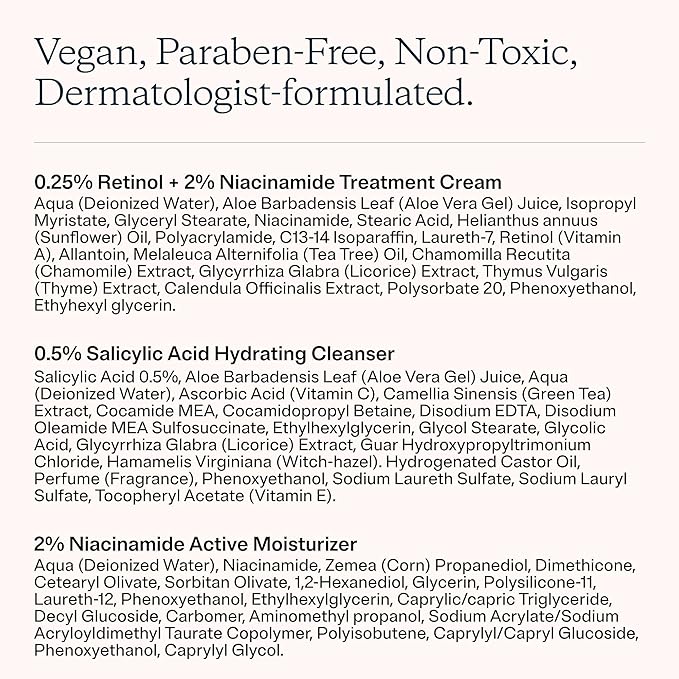 MDacne 3 Step Retinol Acne Kit - Retinol Cream 0.25%, Salicylic Acid Cleanser, Niacinamide Moisturizer - Plant-Based products for Hormonal Acne, Blemishes, and Wrinkles. 30 Day Complete Acne Care Kit