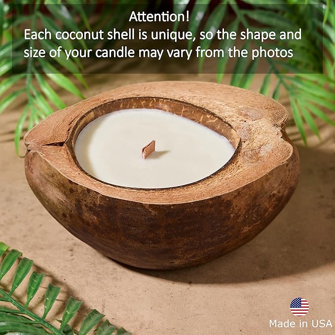 Scented Candle Clearance, Wooden Wick Soy Candles in a Big Coconut Shell, Relaxation Gifts for Women, Room Decor Natural Candles Non-Toxic (Caramel Island)