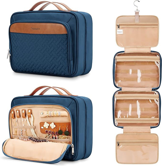 Travel Hanging Toiletry Bag for Women, Extra Large Makeup Bag, Holds Full-Size Shampoo, with Jewelry Organizer Compartment, Waterproof Cosmetic Bag, Toiletries Kit Set with Trolley Belt, Navy Blue