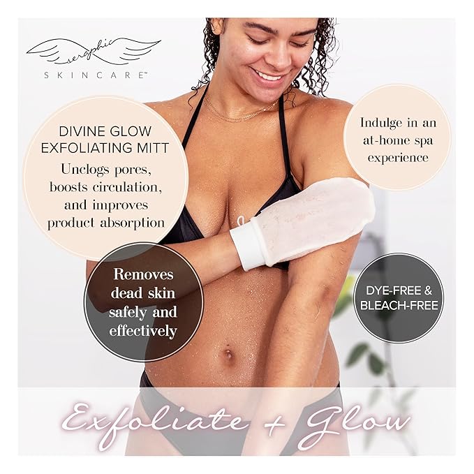 Seraphic Skincare Divine Glow Exfoliating Mitt (2pcs) – 100%, Dye-Free, Bleach-Free Vegan Viscose Korean Exfoliating Glove – Body Exfoliator for Self-Tan Removal & Keratosis Pilaris