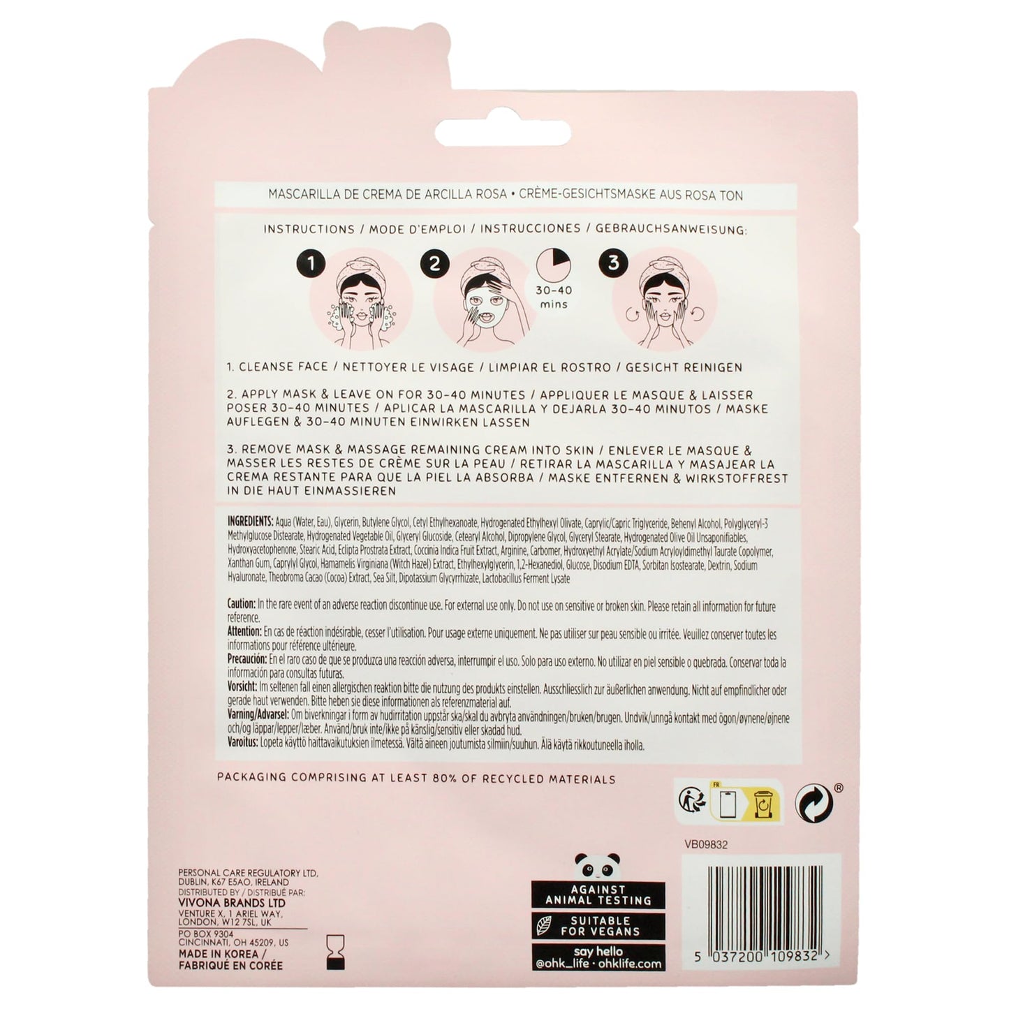 Oh K! Cream Sheet Mask - Pink Clay - Korean Face Mask Sheet - Facial Skin Care Products - Clean Korean Skincare - Hydrating Face Sheets - 1 Pc