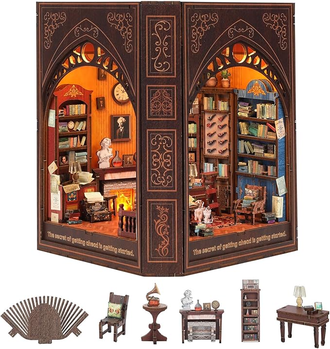 Book Nook Kit for Adults and Teens – DIY 3D Wooden Dollhouse Puzzle with LED Light, Mark Twain’s Library Miniature House Bookshelf Insert Decor