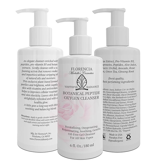 Florencia Botanical Peptide Oxygen Cleanser - Oil-Free Daily Foaming Gel Face Wash for Dry, Oily, or Sensitive Skin - With Peptides, Botanicals, Glycoproteins - Revitalizing Cleanser, 6 oz