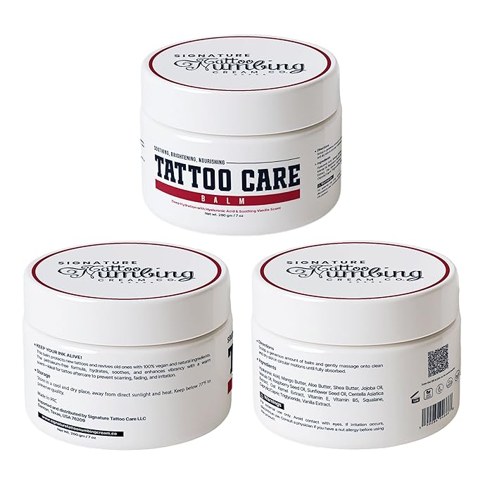 Tattoo Care Balm by Signature with Hyaluronic Acid- Deeply Soothing and Hydrating Tattoo Balm for lasting moisture Before & Aftercare - With Centella, Shea Butter & Warm Vanilla Scent - 7 oz / 200g