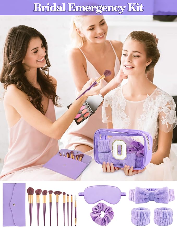 Gift Sets for Women, Initial Makeup Bag with Makeup Brush Set Bachelorette Party Favors, Purple Spa Kit with Skincare Headbands Wrist Bands Sleepover Party Supplies Gifts for Teen Girls Bridesmaid O