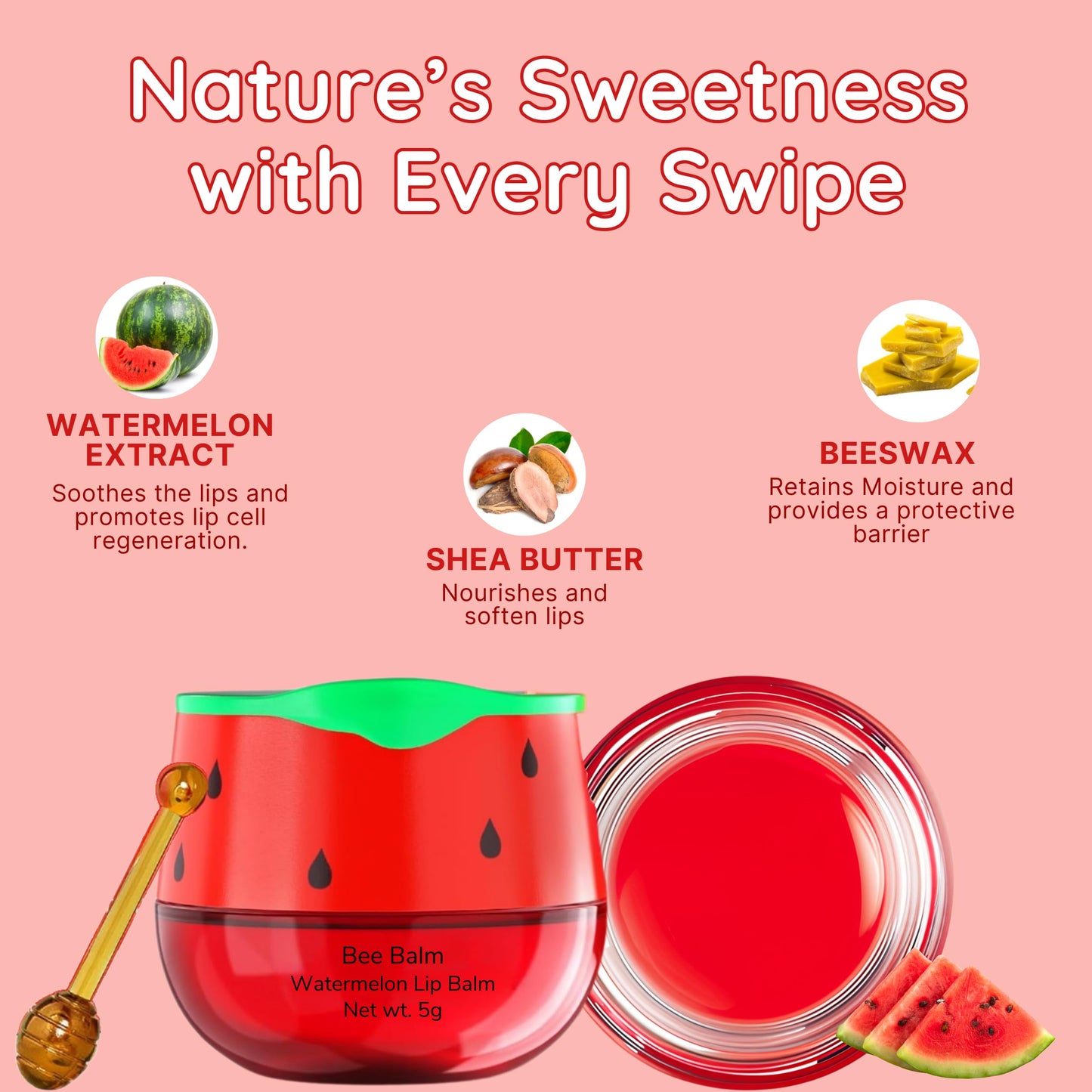 Original My Bee Balm Lip Balm - Watermelon Hydrating Balm Honey Pot for Dry, Chapped & Cracked Lips with Propolis, Honey & Vitamin E - Soften, Smooth & Reduce Lip Lines