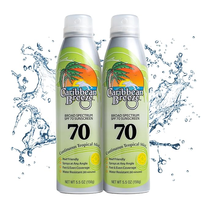 Continuous Tropical Mist Spray Sunscreen SPF 70, Reef Safe Sunscreen Spray, Up to 80 Minutes Water Resistant Sunscreen Face Spray, 5.5 Ounces, 2 Pack