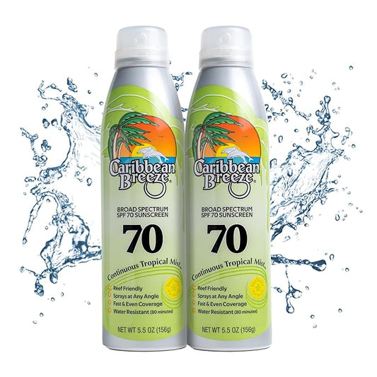 Continuous Tropical Mist Spray Sunscreen SPF 70, Reef Safe Sunscreen Spray, Up to 80 Minutes Water Resistant Sunscreen Face Spray, 5.5 Ounces, 2 Pack