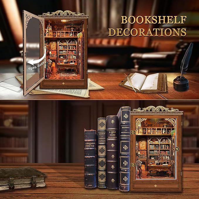 Book Nook Kit, DIY Mini Vintage Library for Stress Relief, 3D Wooden Puzzle Bookshelf Decor with Dust Cover, Gifts for Adults Teens, Book Lovers- Time Book House(SQ-47)