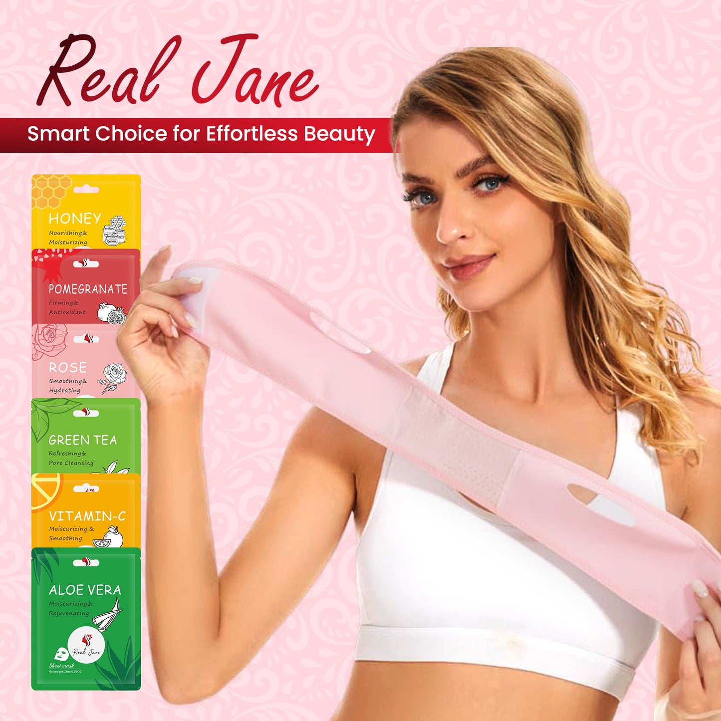 V Line Face Lifting Strap with 6 Korean Dewy Glow Masks – Reusable Chin Strap for Jawline Support, Face Slimming, Skin Care Tool for Women, Facial Firming Band, Beauty Mask Set