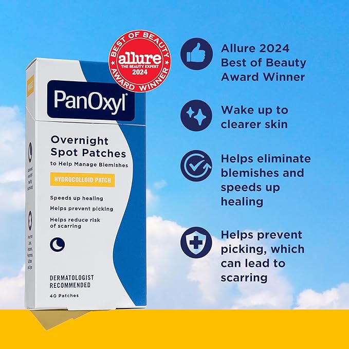 PanOxyl PM Overnight Spot Patches, Advanced Hydrocolloid Healing Technology, Fragrance Free, 40 Count Pack of 1