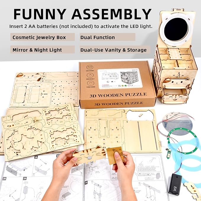 3D Wooden Puzzle Cat Treasure Box, Wood Creative Assembly Model Building Kits to Build for Adults and Teens, DIY Cat Jewelry Box with Mirror Hobbies Projects Gift for Women