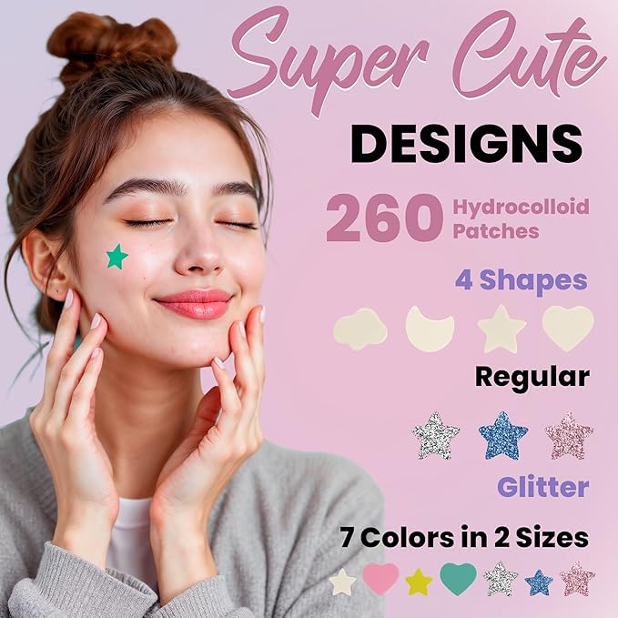 260Pcs Cute Pimple Patches for Face - Hydrocolloid Acne and Zit Patches - Blemish Stickers for Face Skin Care - Star, Heart, Cloud, Moon, Glitter & Regular Shapes, 7 Colors, 2 Sizes Stickers
