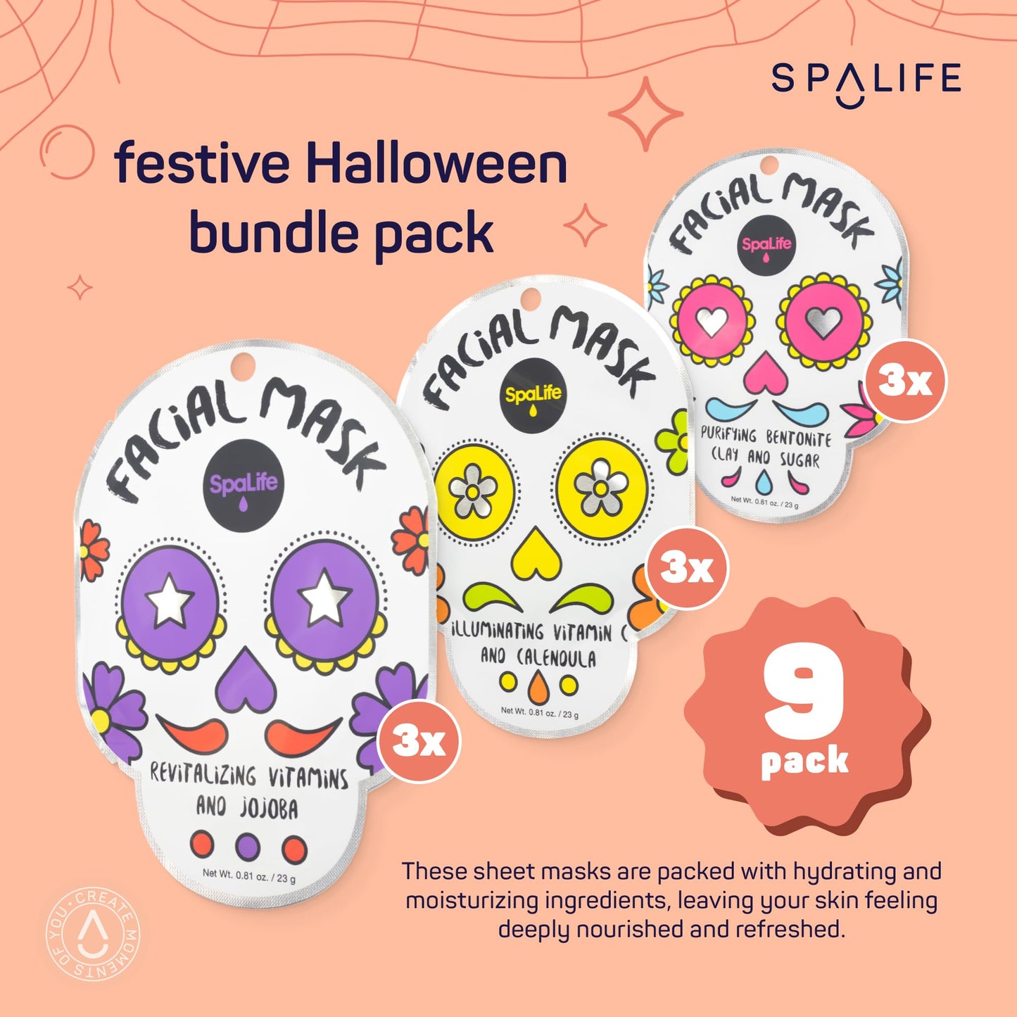 SpaLife Dia de Muertos Facial Mask Variety Pack - 9 Count for Hydrating and Refreshing Skin Care Korean Sheet Masks - Moisturizing Face Mask Sheets for Spa-Like Skin Rejuvenation