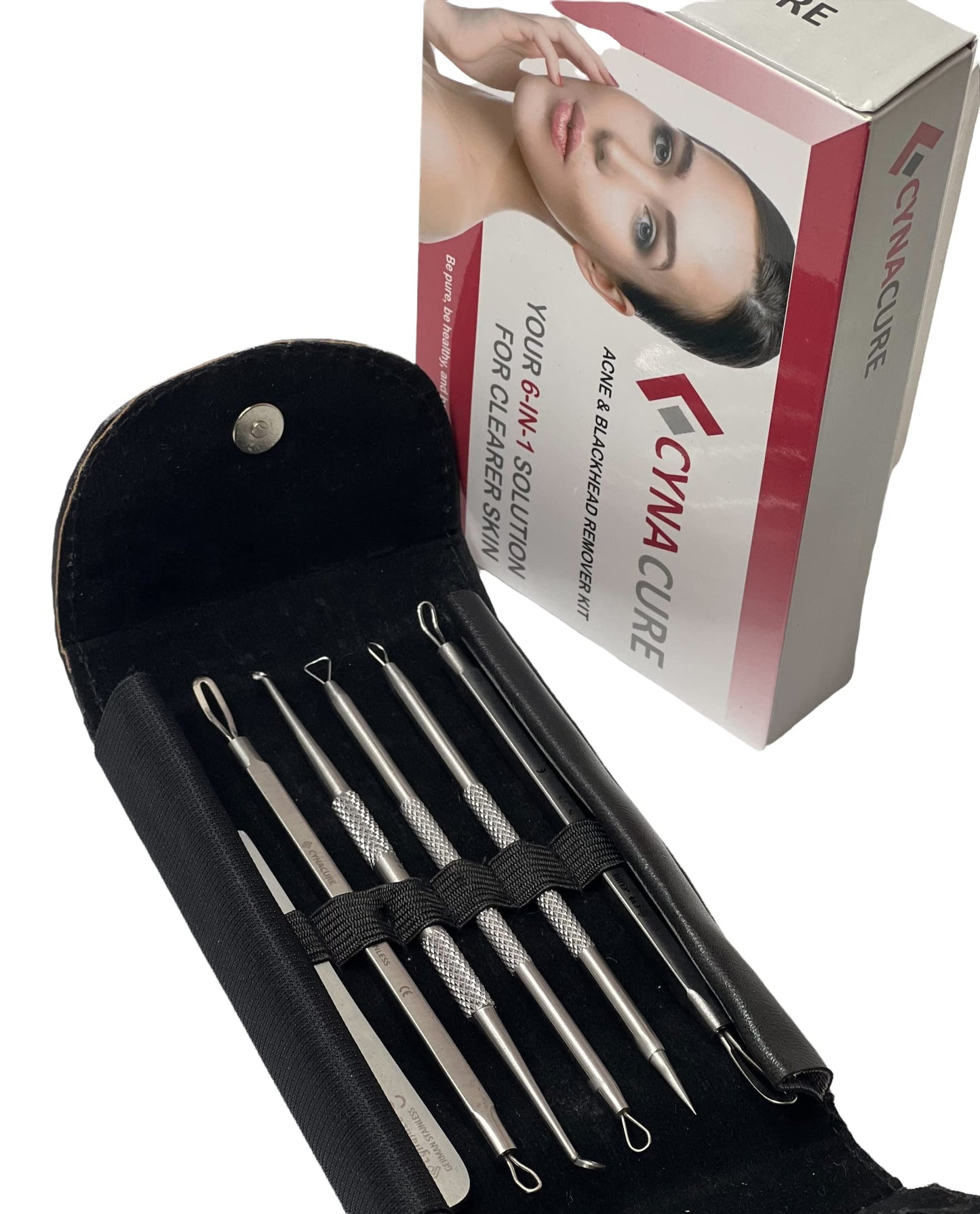 German Stainless Professional Set of 6- Blackhead Remover Comedones Extractor Acne Removal Kit for Blemish,Whitehead Popping, Zit Removing for Nose Face Tools-Blackhead Removal w/Zipper Leather case