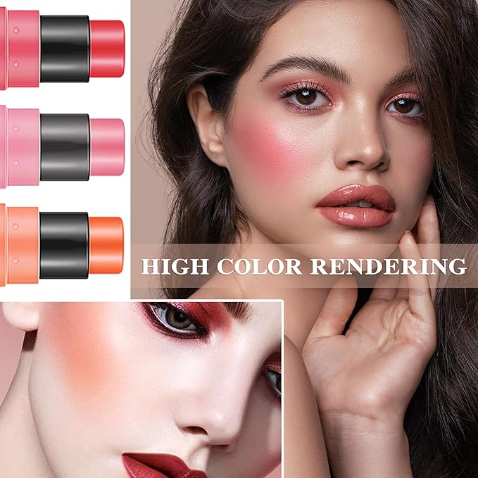 3 Pcs Cream Blush Stick with Brush,Waterproof Multi All Skin