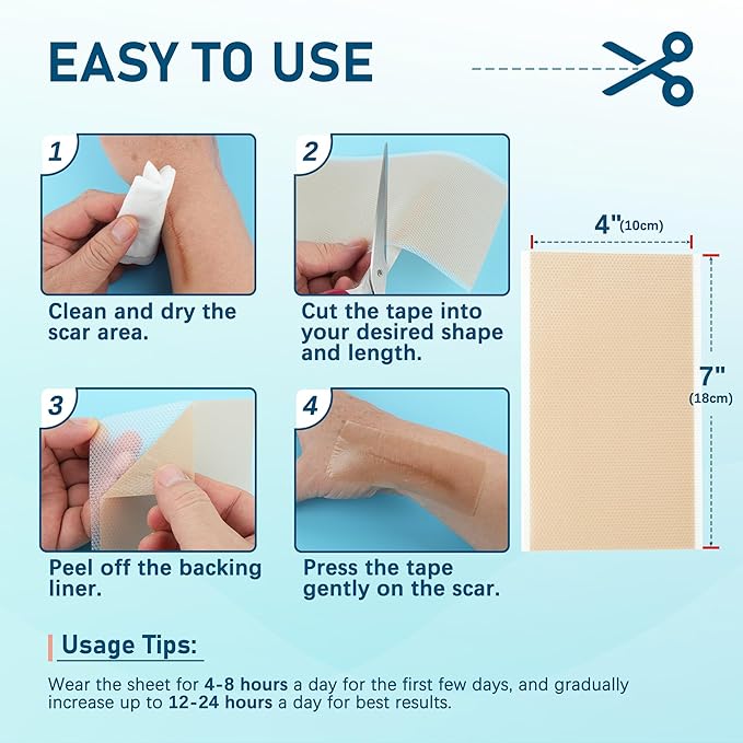 Silicone Scar Sheets, Large 10Pcs 4” x 7” Each, Medical Silicone Tape for Scar Treatment, Scar Patches for C-Section, Keloid Bump, Stretch Marks, Burn, Acne, Surgical Scar Removal